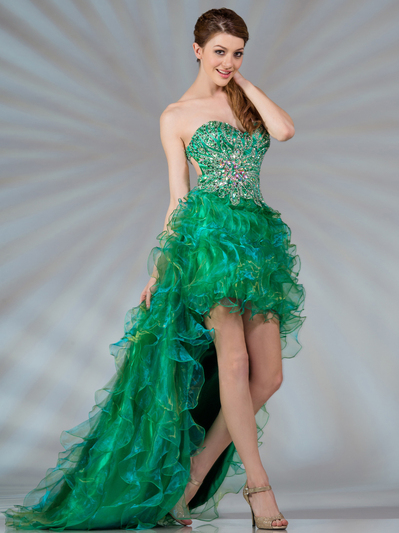 JC8103 Green Jeweled High Low Prom Dress - Green, Front View Medium
