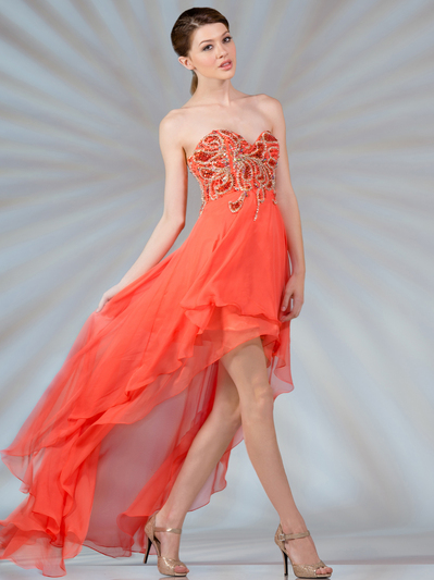 JC8110 High Low Beaded Prom Dress - Coral, Front View Medium