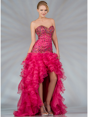 JC8112 Jeweled Layered High Low Prom Dress, Fuschia