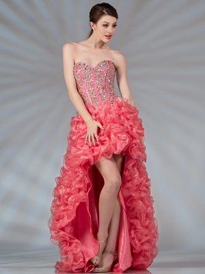 JC8115 Coral High Low Corset Inspired Prom Dress, Coral