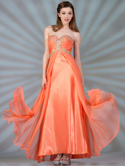 JC821 Chiffon Satin Overlay Prom Dress - Coral, Front View Medium