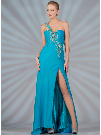 JC847 Jeweled and Beaded One Shoulder Prom Dress - Ocean Blue, Front View Medium