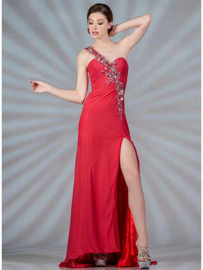 JC847 Jeweled and Beaded One Shoulder Prom Dress - Tangerine, Front View Medium