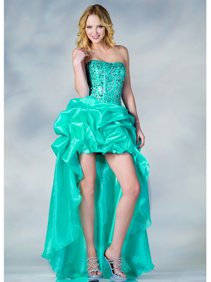 JC851 Corset Bustled High Low Prom Dress, Aqua