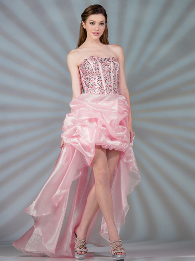 JC851 Corset Bustled High Low Prom Dress - Pink, Front View Medium