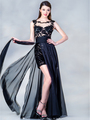 JC880 Black and Nude Beaded Evening Dress - Black, Front View Thumbnail