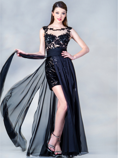 JC880 Black and Nude Beaded Evening Dress - Black, Front View Medium