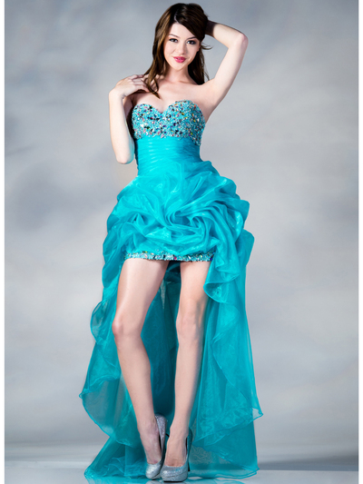JC881 Shimmer High Low Bustled Prom Dress - Aqua, Front View Medium
