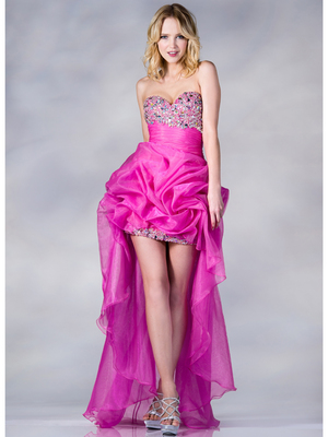 JC881 Shimmer High Low Bustled Prom Dress, Fuschia