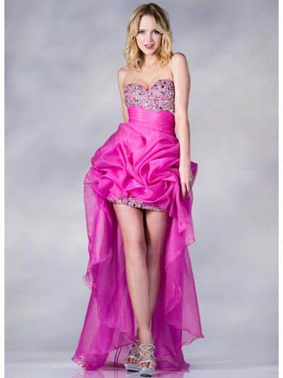 JC881 Shimmer High Low Bustled Prom Dress - Fuschia, Front View Medium