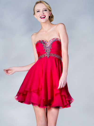 JC889 Beaded Chiffon Cocktail Dress - Coral, Front View Medium