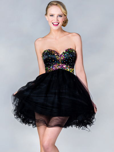 JC894 Multi Color Stone Prom Dress - Black, Front View Medium