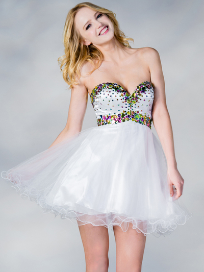 JC894 Multi Color Stone Prom Dress - Off White, Front View Medium