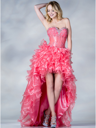 JC895 Floral Embroidered Corset High Low Prom Dress - Coral, Front View Medium