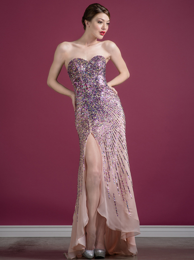 JC9001 Sequin Pattern Prom Dress - Peach, Front View Medium
