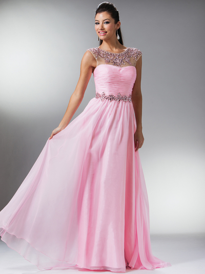 JC919 Illusion Neckline Ruch Bodice Prom Dress - Pink, Front View Medium