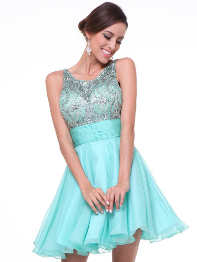 JC940 Beaded Sleeveless Short Prom Dress        - Mint, Front View Medium