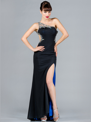 K1011 Black Jeweled One Shoulder Evening Dress, Black