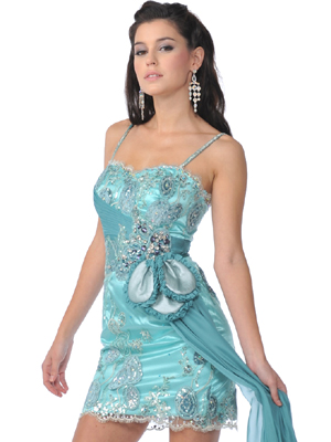 K21114 Blue Lace Overlay Cocktail Dress with Sequin and Sash, Blue