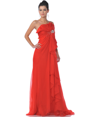 K21115 Red Sequins Strap Chiffon Evening Dress with Sparkling Jewel, Red