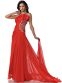K21116 Red Chiffon Evening Dress with Sheer Panel - Red, Front View Thumbnail