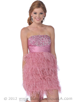 K21124 Rose Pink Sequin Top Homecoming Dress with Feather Skirt, Rose Pink