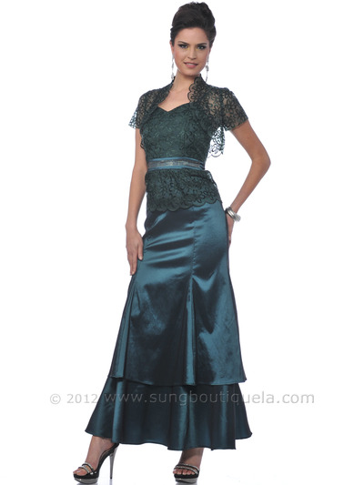 M1008 Teal Green Lace Top Evening Dress with Bolero - Teal Green, Front View Medium