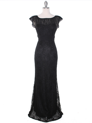 MB6099 Black Lace Cap Sleeve Evening Dress, Black