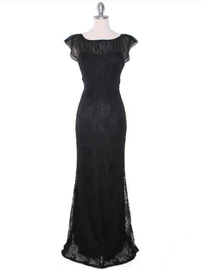 MB6099 Black Lace Cap Sleeve Evening Dress - Black, Front View Medium