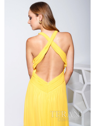 P1503 Ponte Long Prom Dress By Terani - Yellow, Back View Medium