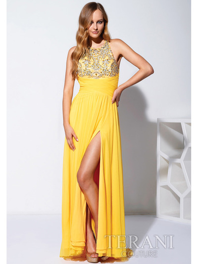 P1503 Ponte Long Prom Dress By Terani - Yellow, Front View Medium