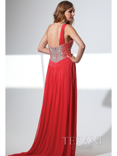 P1504 One Shoulder Sweetheart Prom Dress By Terani - Coral, Back View Medium