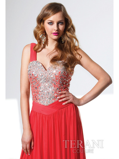 P1504 One Shoulder Sweetheart Prom Dress By Terani - Coral, Alt View Medium