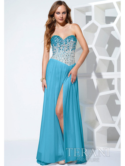 P1507 Jeweled Dual Tone Prom Dress with Slit - Aqua, Front View Medium