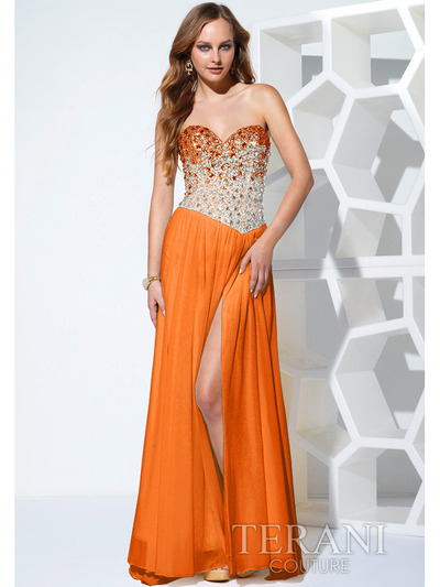 P1507 Jeweled Dual Tone Prom Dress with Slit - Orange, Front View Medium