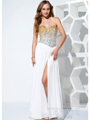 P1507 Jeweled Dual Tone Prom Dress with Slit - White, Front View Thumbnail