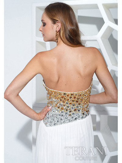 P1507 Jeweled Dual Tone Prom Dress with Slit - White, Back View Medium