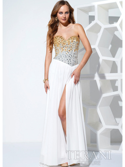 P1507 Jeweled Dual Tone Prom Dress with Slit - White, Front View Medium