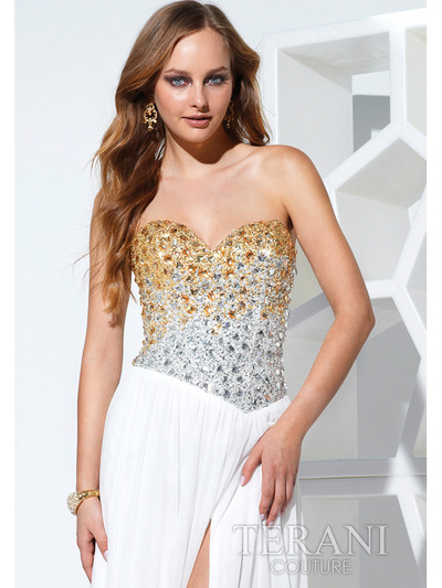 P1507 Jeweled Dual Tone Prom Dress with Slit - White, Alt View Medium