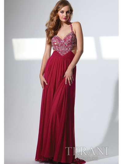 P1509 Jewel Embellished Chiffon Long Prom Dress By Terani - Cranberry, Front View Medium