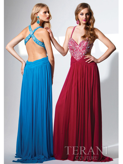 P1509 Jewel Embellished Chiffon Long Prom Dress By Terani - Turquoise, Back View Medium