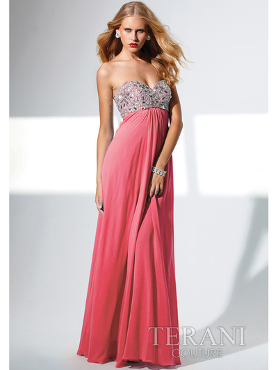 P1528 Sweetheart Long Prom Dress By Terani - Coral, Front View Medium