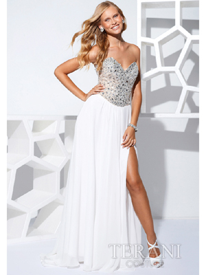 P1529 Sweetheart Long Prom Dress with Slit By Terani, White