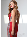 P1549 Cowl Neck Jeweled Long Prom Dress By Terani - Red, Back View Thumbnail
