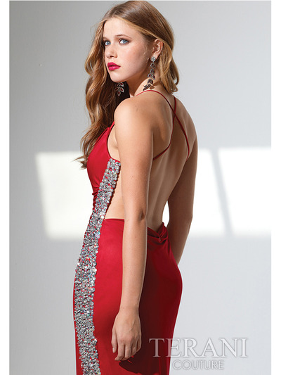 P1549 Cowl Neck Jeweled Long Prom Dress By Terani - Red, Back View Medium