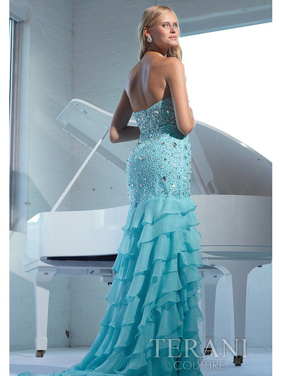 P1572 Layered Sweetheart Long Prom Dress By Terani - Aqua, Back View Medium