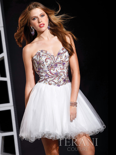P1582 Short Sweetheart Prom Dress By Terani - Ivory, Front View Medium