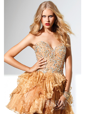 P1583 Jeweled Sweetheart Short Prom Dress By Terani, Gold