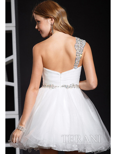 P1584 Beaded One Shoulder Short Prom Dress By Terani - White, Back View Medium