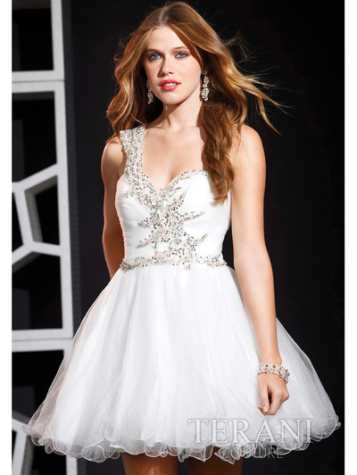 P1584 Beaded One Shoulder Short Prom Dress By Terani - White, Front View Medium